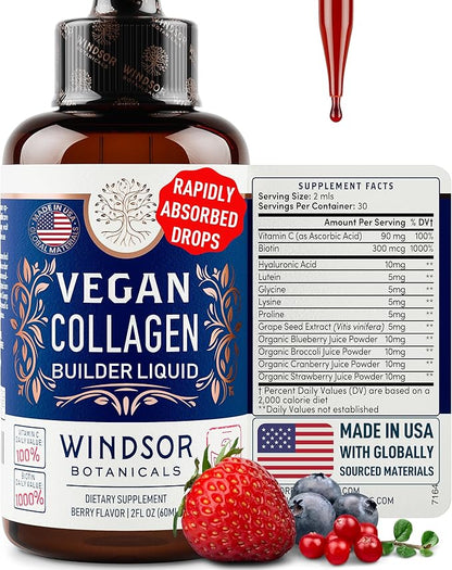 Vegan Collagen Builder Liquid Supplement - Collagen Booster with Vitamin C, Biotin, Hyaluronic Acid & Amino Acids - Organic Fruit & Vegetable Blend - 60ml, 30 Day