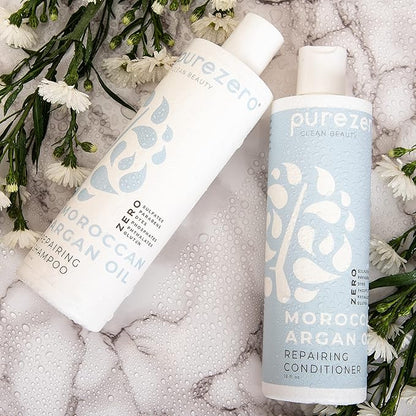Purezero Moroccan Argan Oil Shampoo & Conditioner set - Repair Damaged Hair - Fight Dandruff & Frizz - Zero Sulfates, Parabens, Dyes, Gluten - 100% Vegan & Cruelty Free - Great For Color Treated Hair